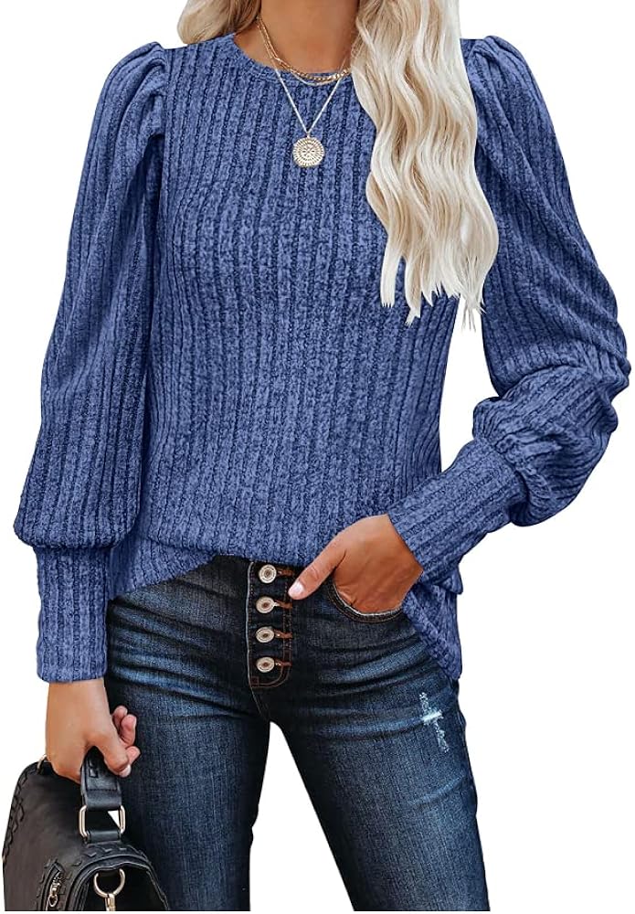 MIHOLL Women's Puff Long Sleeve Shirts Casual Knit Blouses Crew Neck Elegant Tunic Tops