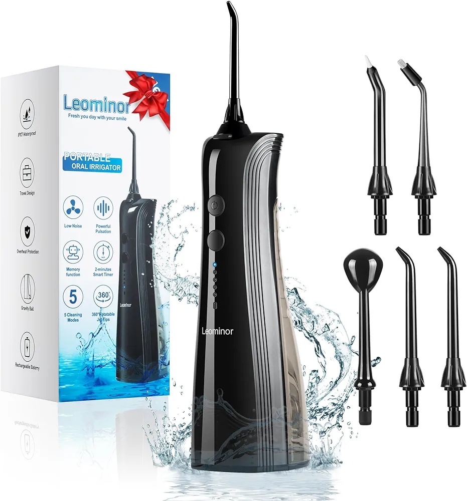 Leominor Water Dental Flosser Pick for Teeth - 5 Modes Cordless Portable Water Teeth Cleaner IPX7 Waterproof Oral Irrigator Rechargeable, Professional Flossing Cleaning Picks for Home Travel (Black)