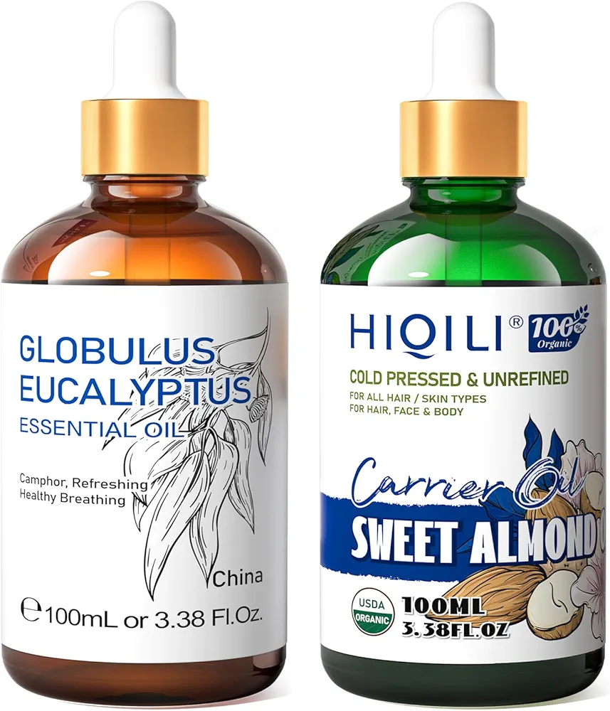 HIQILI Eucalyptus Essential Oil and Sweet Almond Oil, 100% Pure Natural for Diffuser - 3.38 Fl Oz