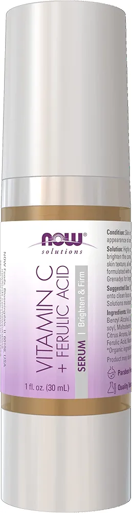 NOW Solutions, Vitamin C Serum Plus Ferulic Acid, Skin Brightening and Tightening, Highly Concentrated, 1-Ounce