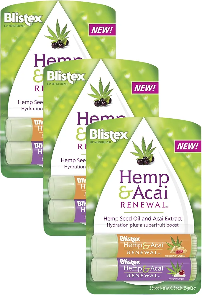 Blistex Hemp & Acai Renewal Lip Balm, 0.30 Ounce, 2 Count â€“ Raspberry Ginger & Cherry Cream, Moisturizing Lip Balm, Super Fruit Benefits, Nourishes & Conditions Lips (Pack of 3)