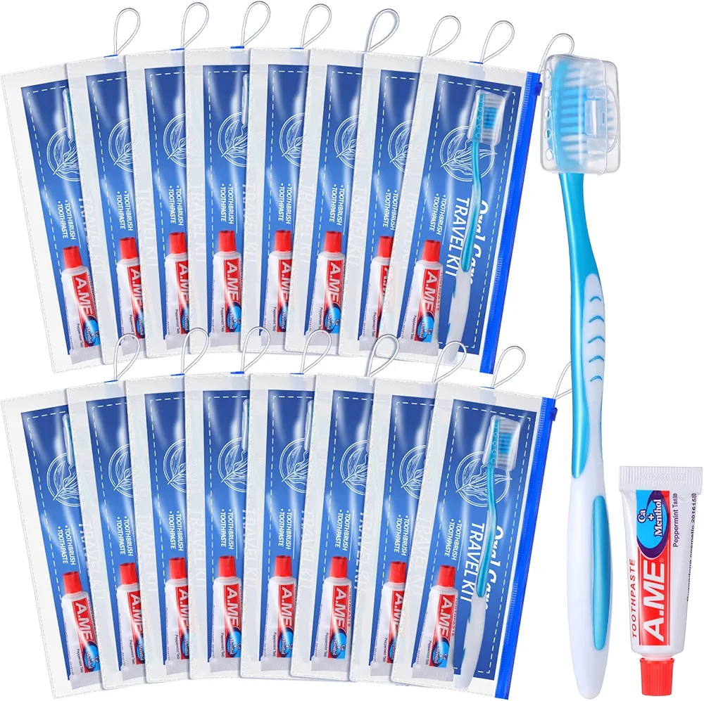 30 Set Toothbrush and Cover Travel Kit Bulk with Toothpaste Individually Wrapped Travel Size Toothbrush Set Soft Bristles Resealable Portable and Reusable Bag for Homeless Hotel Home Charity