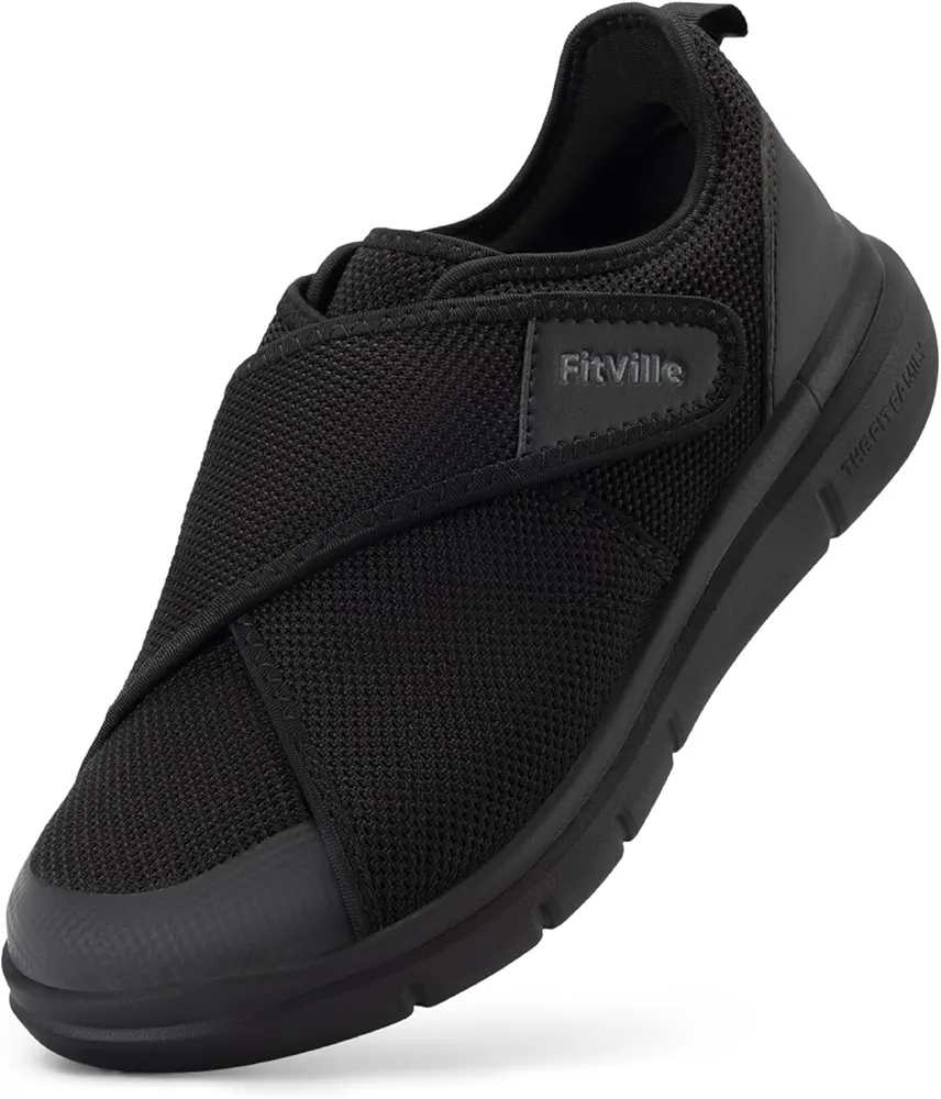 FitVille Diabetic Shoes for Men Extra Wide Width Adjustable Closure Walking Shoes Swollen Feet Shoes for Neuropathy Pain Relief - EasyTop V5 (11 Wide, Jet Black)