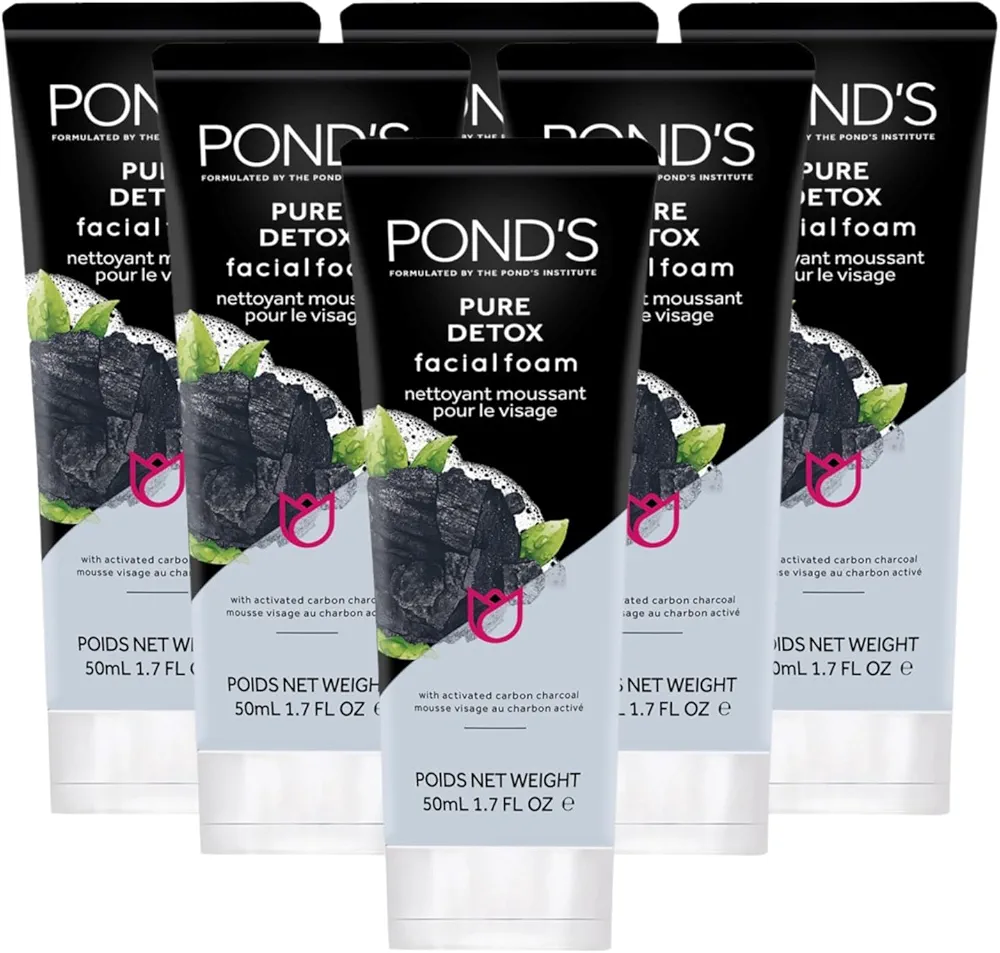 Pond's Pure Detox Facial Foam, Deep Cleansing with Activated Charcoal, Facial Wash, 6-Pack of 1.7 Oz Each