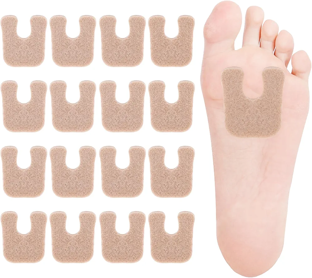 16Pcs U-Shaped Felt Callus Pads, Horseshoe Pads for Feet Callus Cushions Moleskin for Feet, Pain Relief Foot Cushion to Protect Calluses from Rubbing on Shoes, Adhesive Pads for Men and Women, Beige