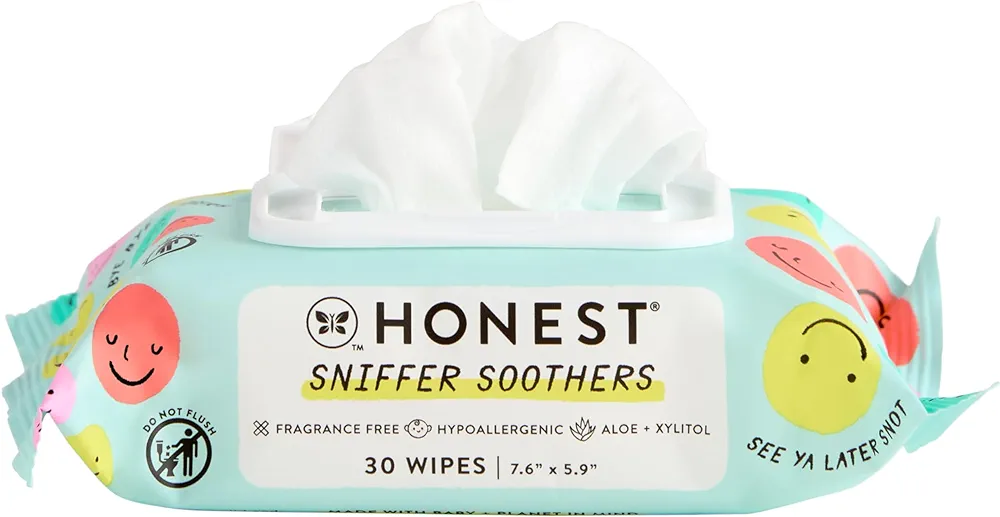 The Honest Company Plant-Based Snot Removing Wipes | Soothing Nose + Face Wipes with Aloe | Hypoallergenic for Sensitive Skin, EWG Verified | Fragrance Free, 30 Count