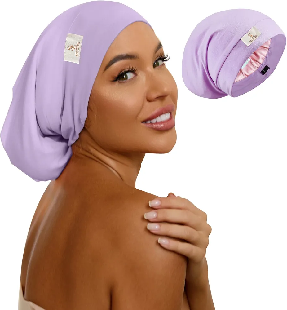 100% Mulberry Silk Bonnet for Sleeping Curly Hair and Braids, Hair Wrap with Adjustable Strap for Women and Men,Real Silk, Not Satin (Lavender)