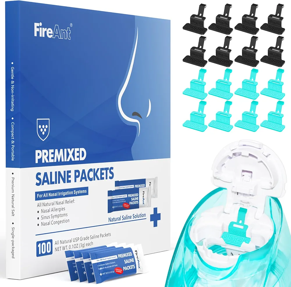 FireAnt 16 Pack Silicone Saline Pods Refills and 100 Count Salt Packets Set, Compatible with Navage Nasal Care, Includes 100 Saline Packets Sinus Rinse + 16 Reusable Salt Pads in Black & Blue