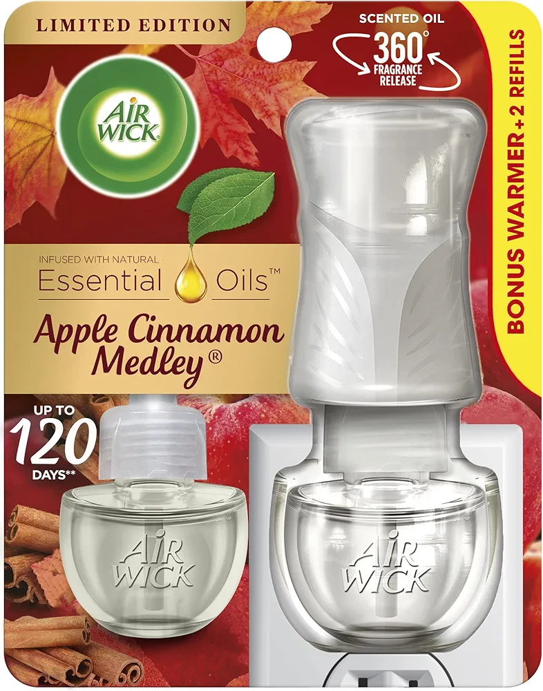 Air Wick Plug in Scented Oil Starter Kit (Warmer + 2 Refills), Apple Cinnamon Medley, Fall Scent, Essential Oils, Air Freshener