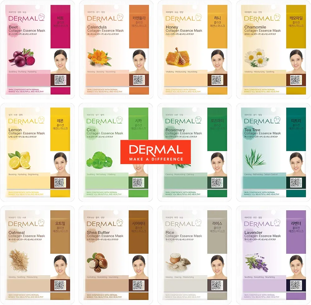 DERMAL 12 Combo Pack Collagen Essence Korean Face Mask, Hydrating & Soothing, Unisex Skin Treatment Mask