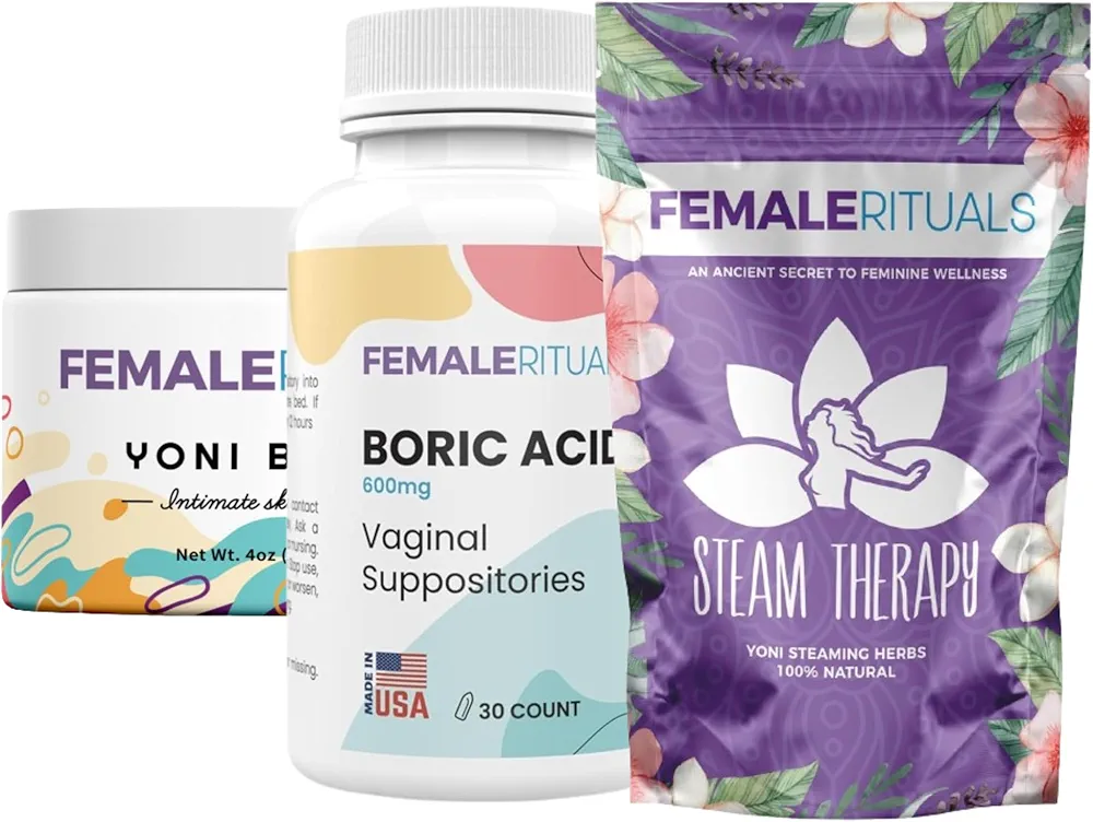 Vulva Moisturizing Cream, Boric Acid Suppositories for Women 600mg 30 Pack, & Yoni Herbs for Steaming (2oz) Bundle - Clinically Tested Solutions for Dryness, Itching, PH Balance & Vaginal Health