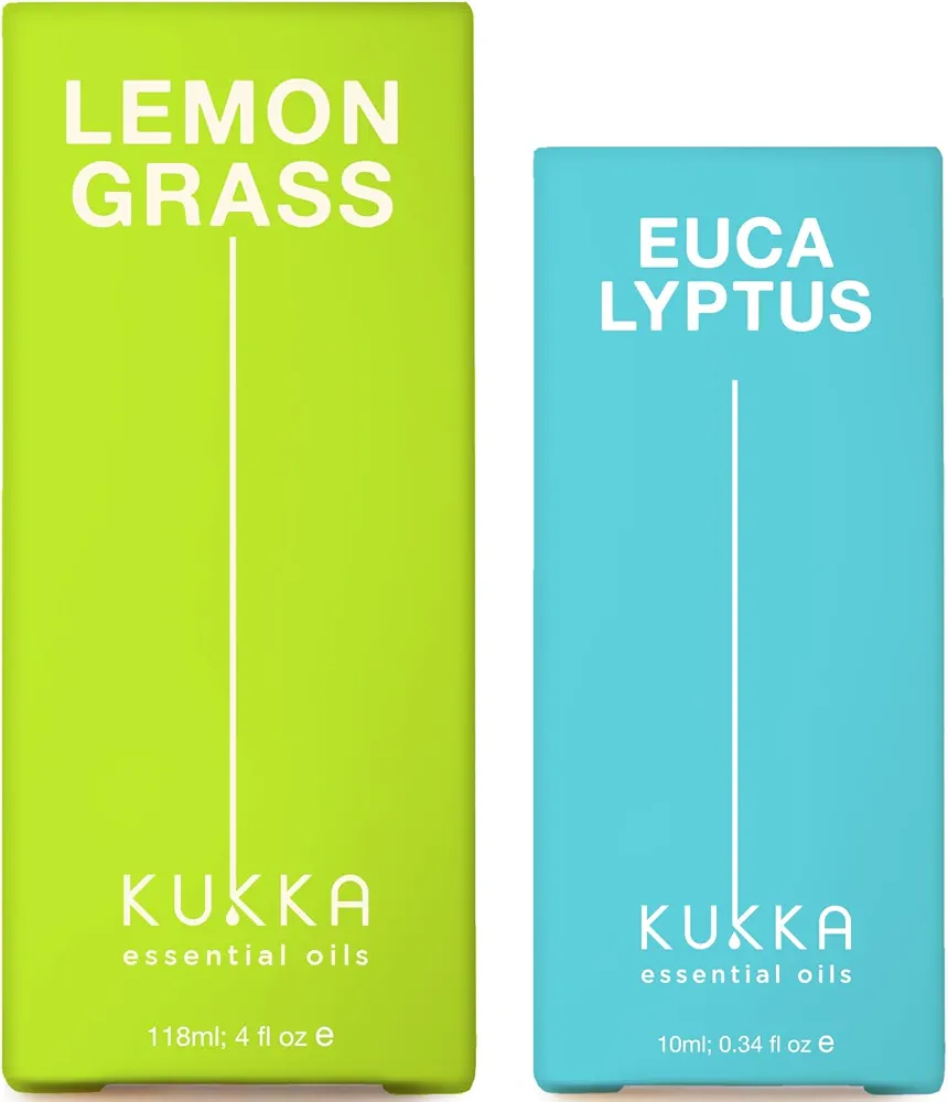 Lemongrass Essential Oil for Diffuser (4 fl oz) & Eucalyptus Essential Oil for Diffuser (0.34 fl oz) Set - 100% Natural Aromatherapy Grade Essential Oils Set - Kukka