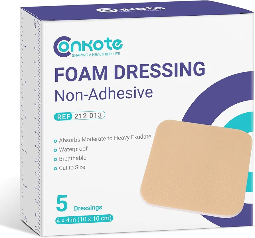 Conkote Foam Dressings Non-Adhesive Pads for Exudating Wounds, 4"x4" Highly Absorbent Waterproof Dressing for Wound Care, Ulcers, Post Op Trauma, Injuries, Burn, Box of 5 Dressings