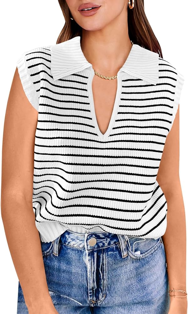 ANRABESS Women Summer Tank Tops Striped Sleeveless Polo V Neck Knit Sweater Vest Shirts 2024 Trendy Cute Outfits