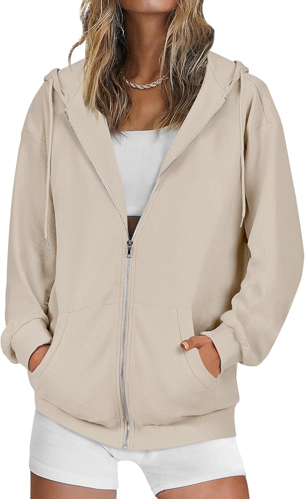 ANRABESS Women's Zip Up Hoodies 2023 Fall Fashion Jacket Casual Loose Oversized Hooded Sweater Rib Knit Long Sleeve Sweatshirts Trendy Outfits Winter Clothes A931mihuang-S Beige