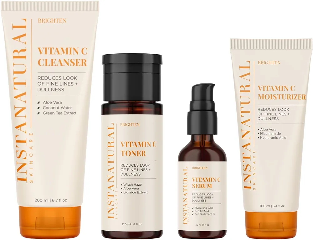 InstaNatural Skin Care Set, Vitamin C Face Wash, Toner, Serum and Moisturizer , Hydrating, Anti Aging and Brightening