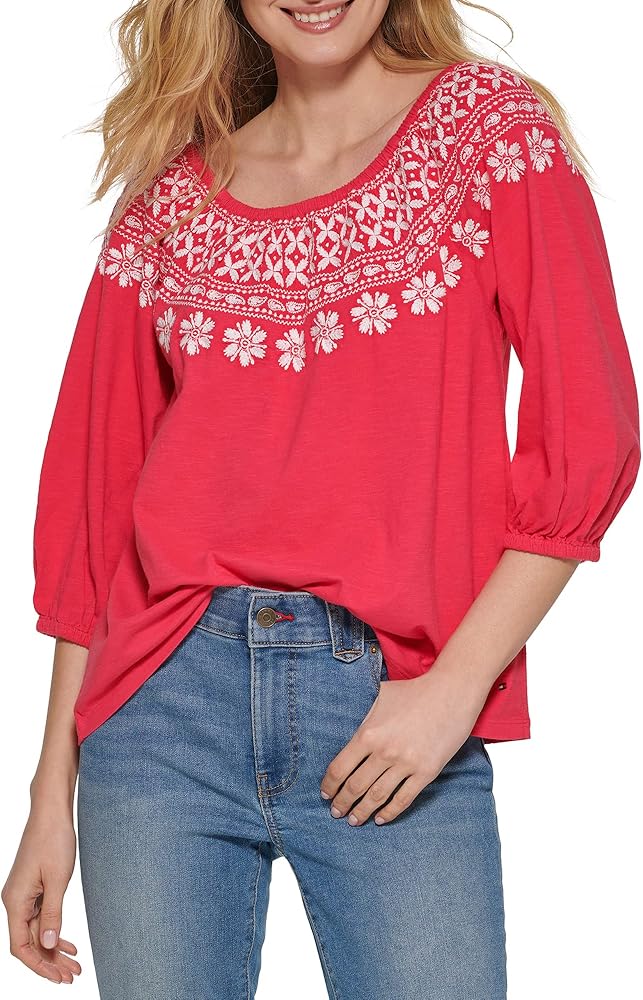 Tommy Hilfiger Women's Off the Shoulder Embroidered Casual Knit Top