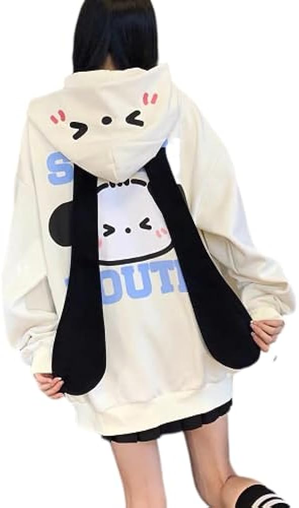 Kawaii Hoodie Zipper Harajuku Puppy Long Ear Casual Loose Hooded Sweatshirt Cutecore Y2k Graphic Pullovers