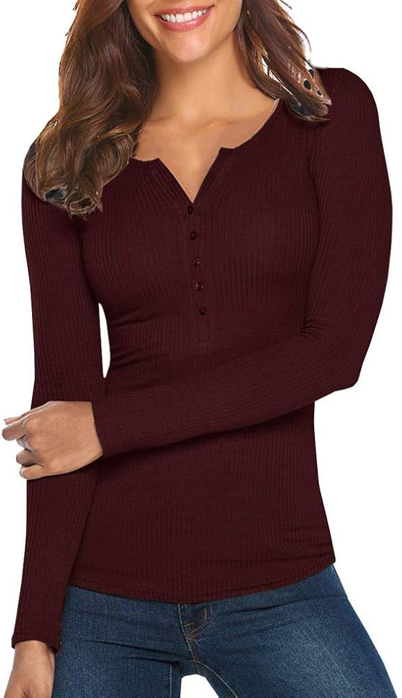 Tobrief Women's Henley Shirts Long Sleeve V Neck Ribbed Button Down Knit Sweater Fitted Tops