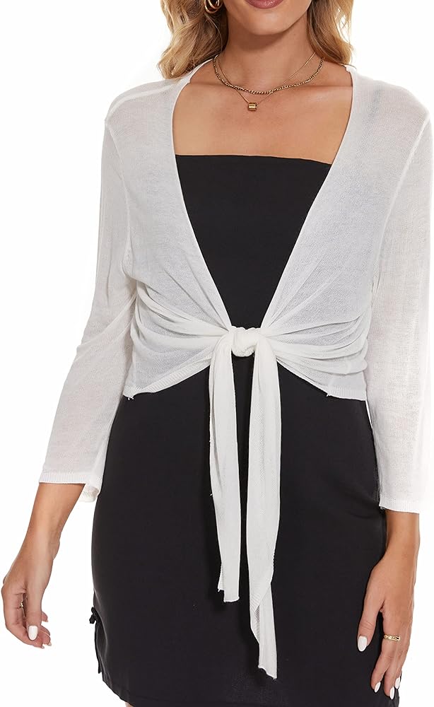 Women's Tie Front Bolero Cardigan Shrug Sweater 3/4 Sleeve Knotted Lightweight Short Shawl Top