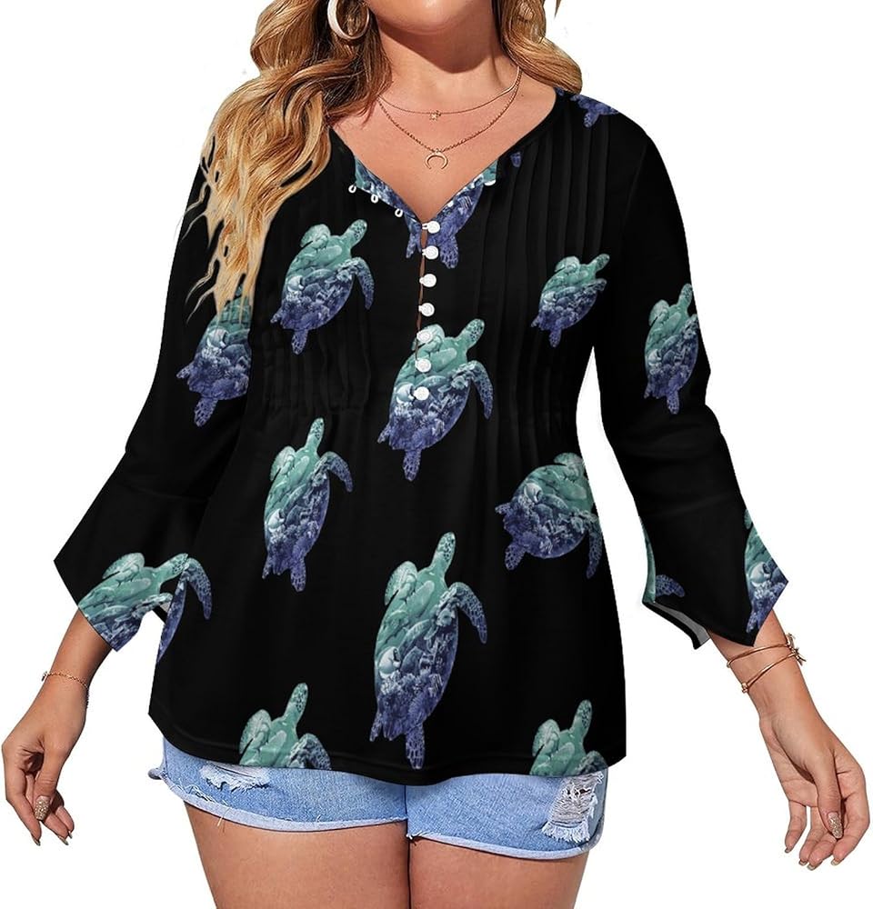 Ocean Life Sea Turtle Cute Womens T-Shirts 3/4 Sleeve Button Down Tee Tops Blouse Summer Beach