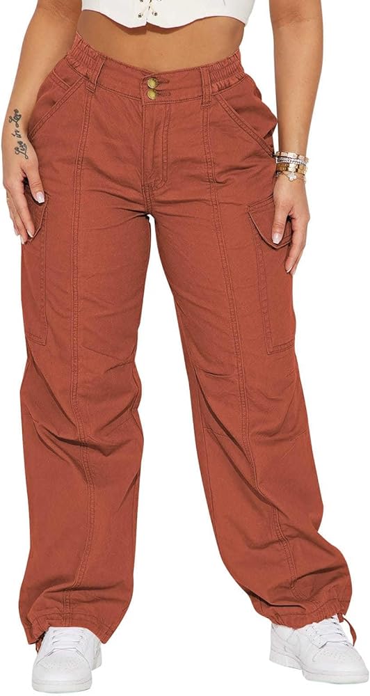 Pink Queen Women High Waisted Cargo Pants Relaxed Fit Wide Leg Jeans Combat Military Trousers with Pockets