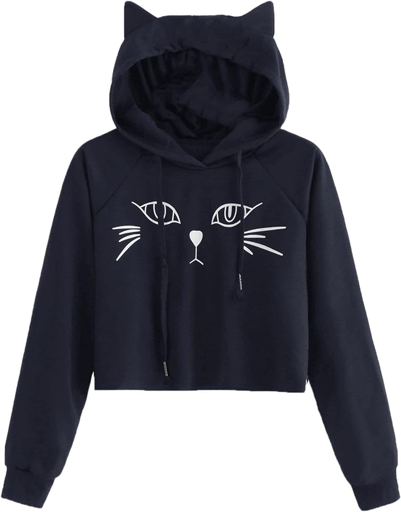 SweatyRocks Women's Long Sleeve Hoodie Crop Top Cat Print Sweatshirt