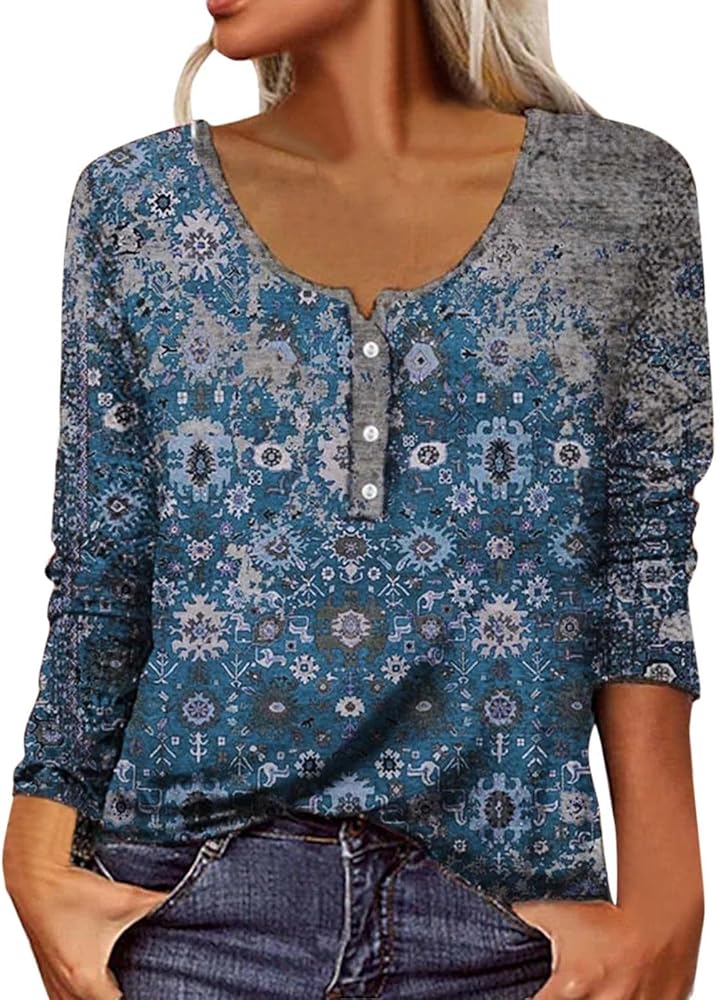 Long Sleeve Tshirt Shirts for Women Vintage Floral Print Button Down Henley Tops Casual Loose Comfy Fall Blouses 2024