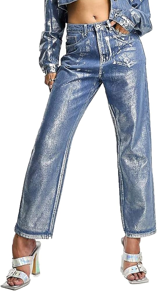 Women's Metallic Mid Rise Silver Jeans Straight Fit Gold Plating Denim Pants