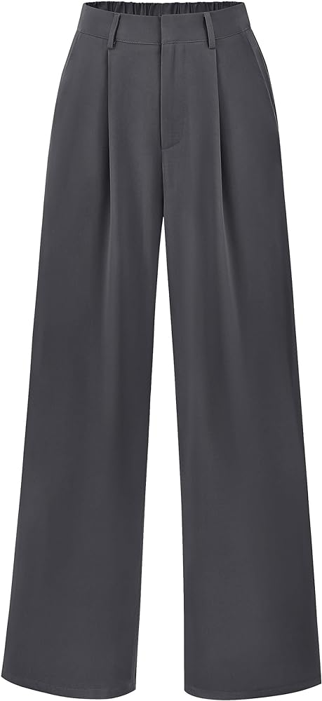 KIRUNDO Women's Elastic High Waisted Wide Leg Dress Pants Loose Fit Pleated Front Business Casual Work Pants Trousers