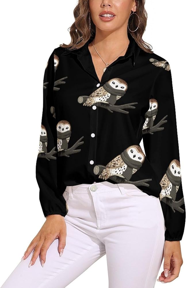 Winter Owl Womens Long Sleeve Shirts V Neck Button Down Blouses Casual T-Shirt Tops