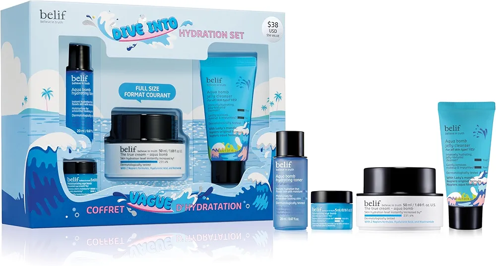 belif Aqua Bomb Dive Into Hydration Set | Korean Skin Care | Korean Moisturizer | Makeup Remover | Korean Toner | Eye Cream | Value Set | Gift Set | Aqua Bomb, Cleansing Balm, Hydrating Toner,Eye Bomb