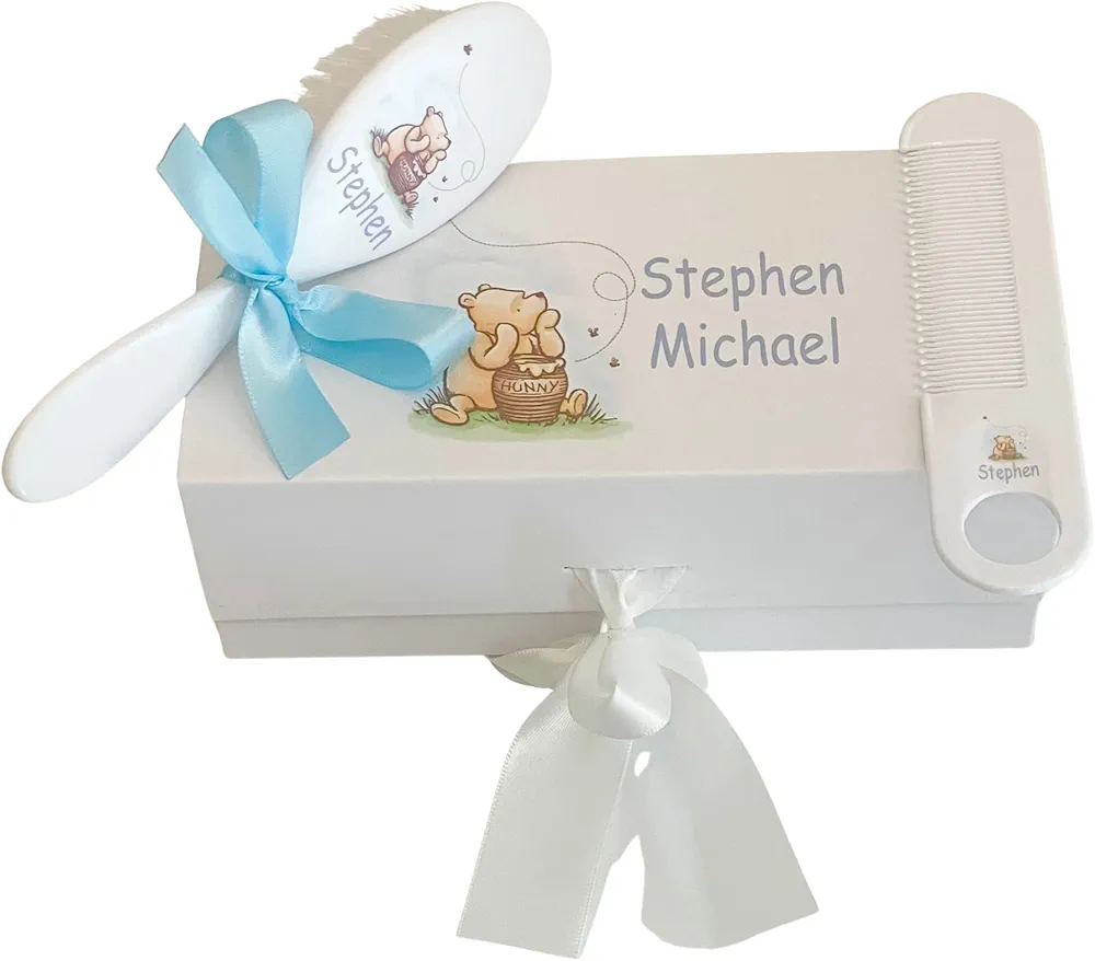 Personalized Baby Set | Gift Box, Baby Brush and Comb Set | Winnie The Pooh | Suitable for Ages 0-3 Years | New Baby | Boy | Girl | Gender Neutral | Baby Shower