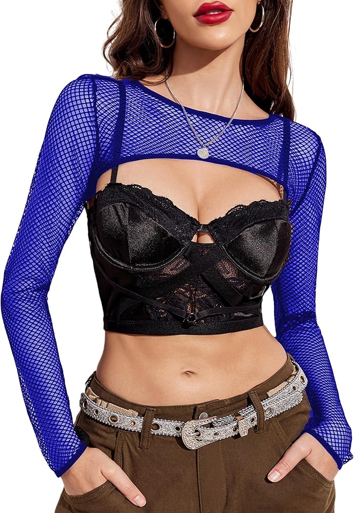 Avidlove Women Fishnet Long Sleeve Crop Top See Through Shirt Sheer Blouse Sexy Outfits