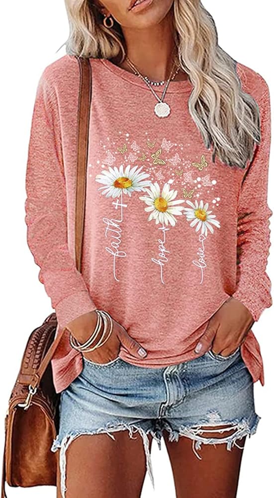 Womens Casual Long Sleeve Tunic Tops Funny Letter Sunflower Print Side Split Loose Fit Pullover T Shirts