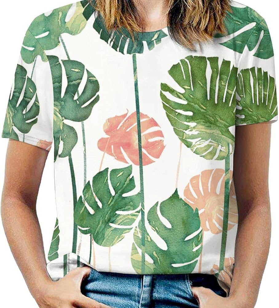 Tropical Monstera Leaves Women's Print Shirt Summer Tops Short Sleeve Crewneck Graphic T-Shirt Blouses Tunic