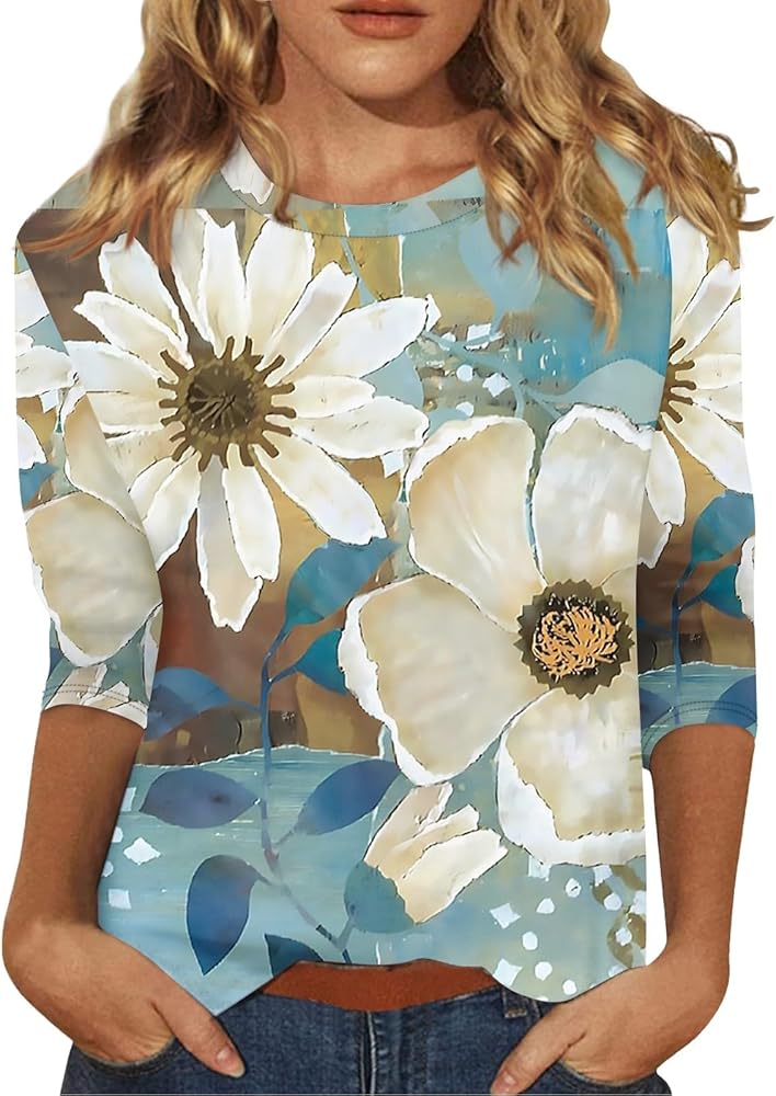 Womens Summer Tops 3/4 Sleeve Shirts Round Neck tees Loose Tunics Graphic Blouses Floral Clothing