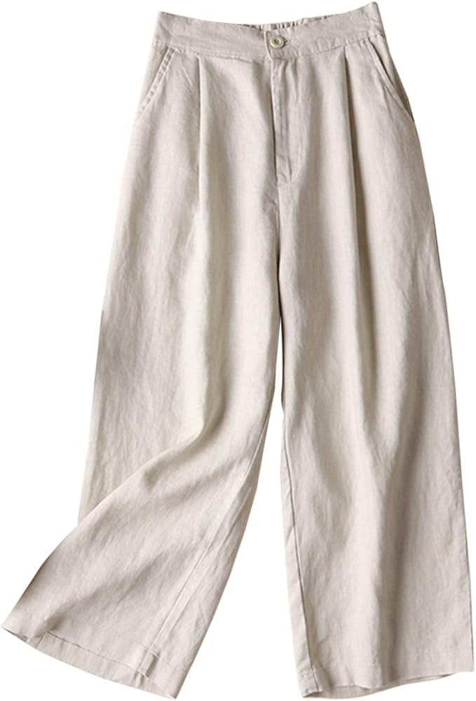 Women's 100% Linen Wide Leg Pants Capri Trousers Back with Elastic Waist