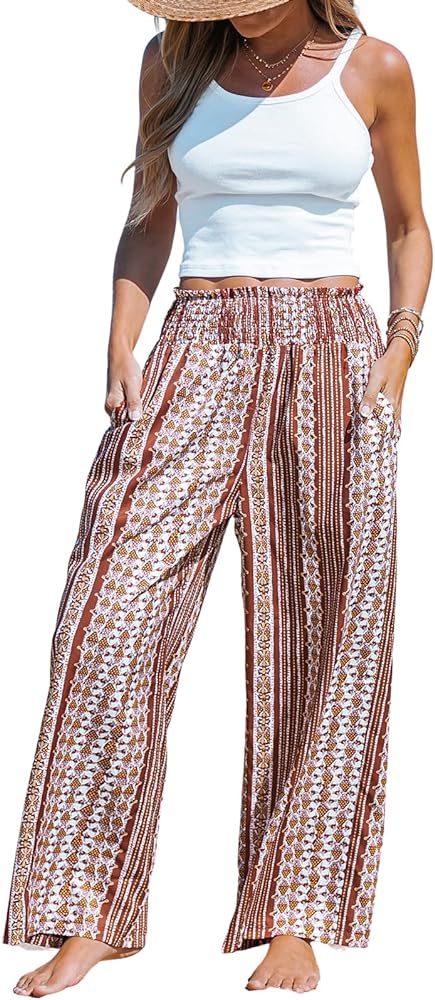 CUPSHE Women's Wide Leg Tribal Print Smocked Pants High Elastic Waisted Bobo Pants