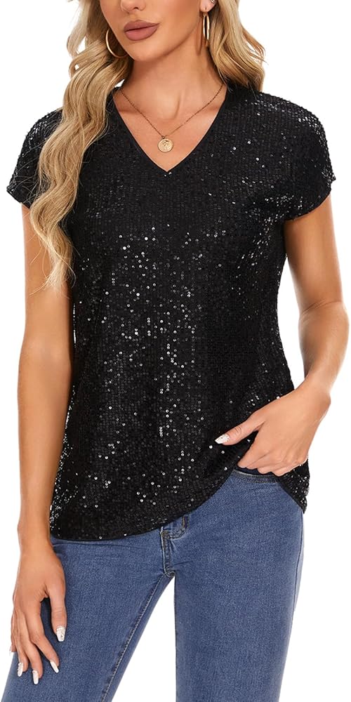 MINTLIMIT Womens Full Sequin Tops Glitter Party Shirt Cap Sleeve Sparkle Blouses V-Neck Loose Summer Shimmer Tunic Shirts