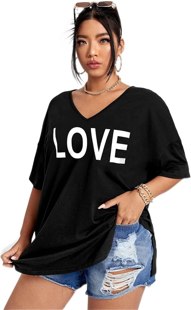 Plus Size Tops for Women Tees Shirts Blouses Plus Letter Graphic Drop Shoulder Tee Plus Size Fashion Blouses Tops