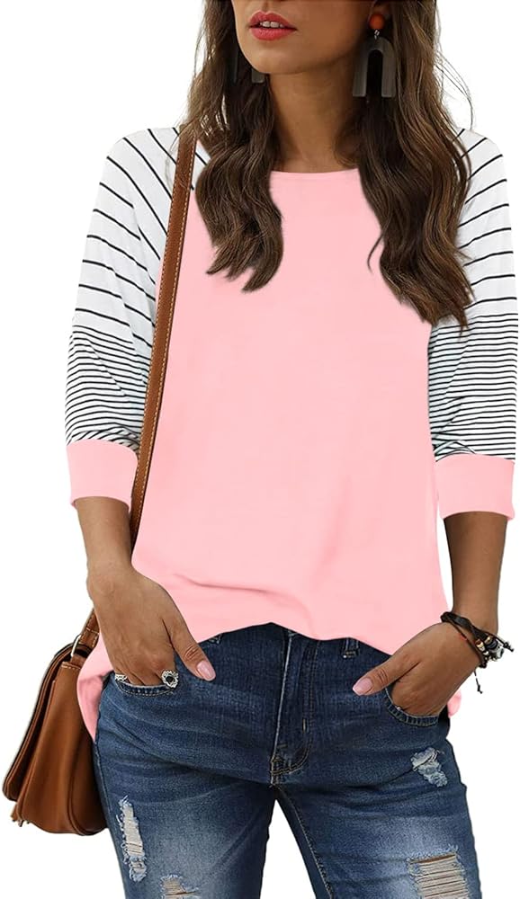 ReachMe Womens Striped 3/4 Sleeve Tops Casual Raglan Sleeve Shirts Round Neck Long Sleeve T Shirts Tee