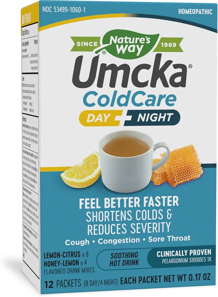 Nature's Way Umcka ColdCare Day+Night Homeopathic, Shortens Colds, Sore Throat, Cough, and Congestion, Phenylephrine Free, Lemon & Honey Flavors, 12 Packets Hot Drink Mixes