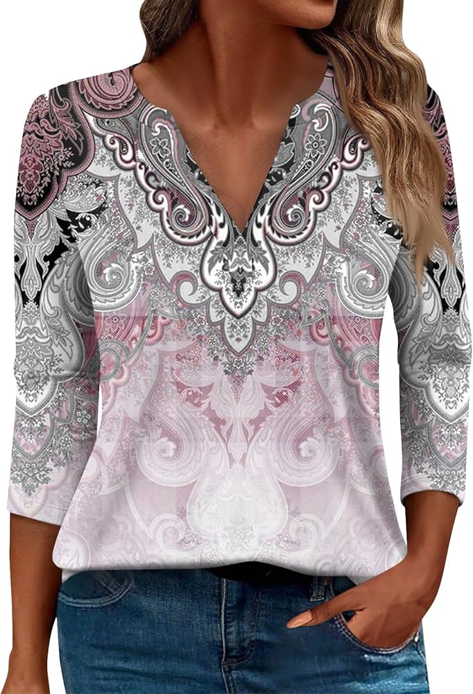 3/4 Sleeve Tops for Women Casual Dressy Button Printed Tshirts Cute Tops Tees Three Quarter Length Sleeve Tops