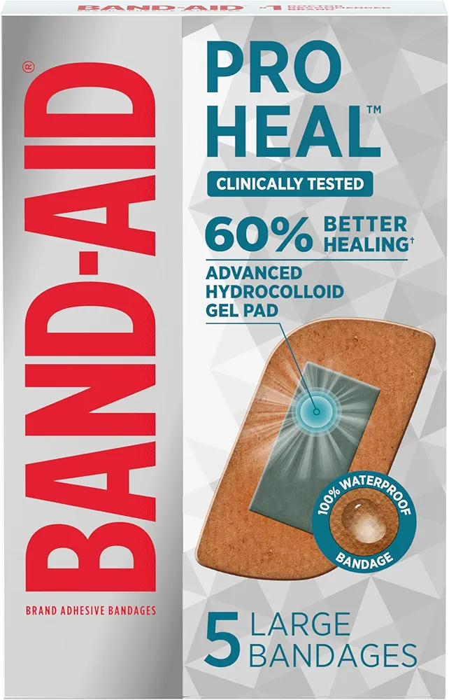 Band-Aid Brand Pro Heal Adhesive Bandages with Hydrocolloid Gel Pads, Large Clinically Tested Waterproof Bandages for Better Healing of Minor Wounds, Sterile First Aid Bandages, 5 ct