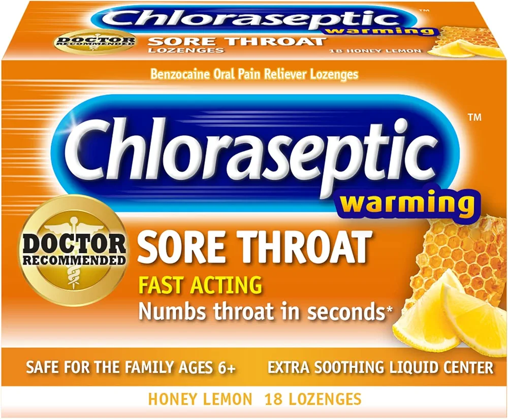 Chloraseptic Warming Sore Throat Lozenges, Real Honey Lemon, 18 Count, 1 Pack