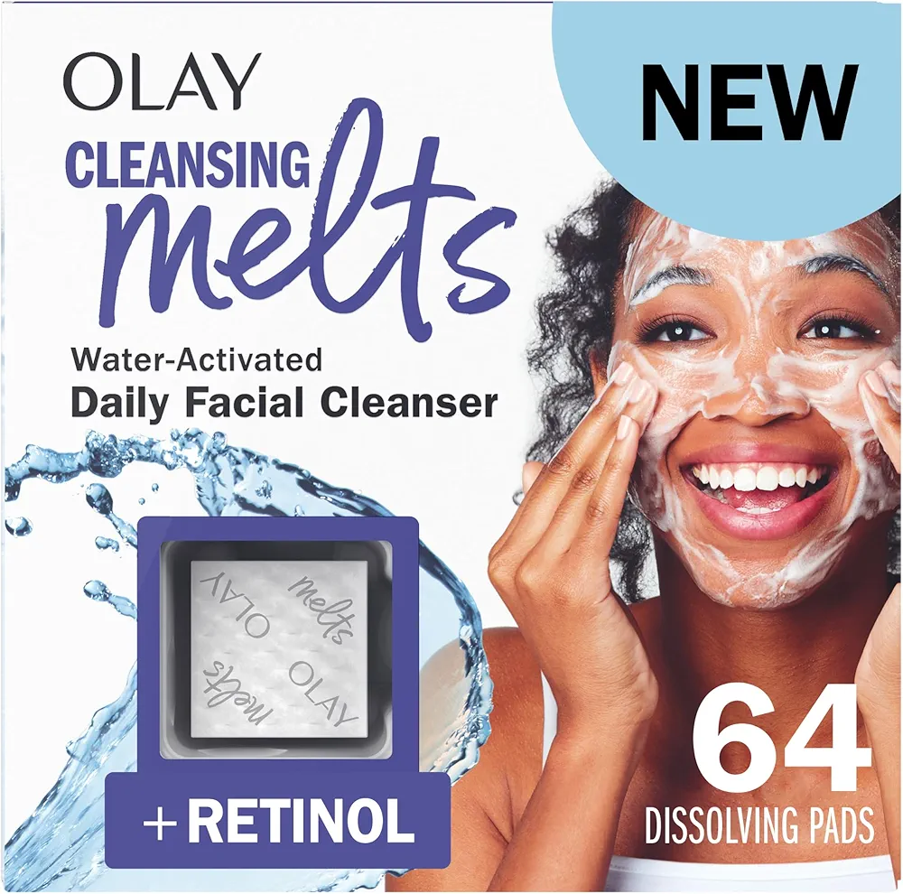 Olay Cleansing Melts + Retinol Face Cleanser, 64 ct. total (2 x 32 ct.), Water-Activated Face Wash to Clean, Tone, and Refresh