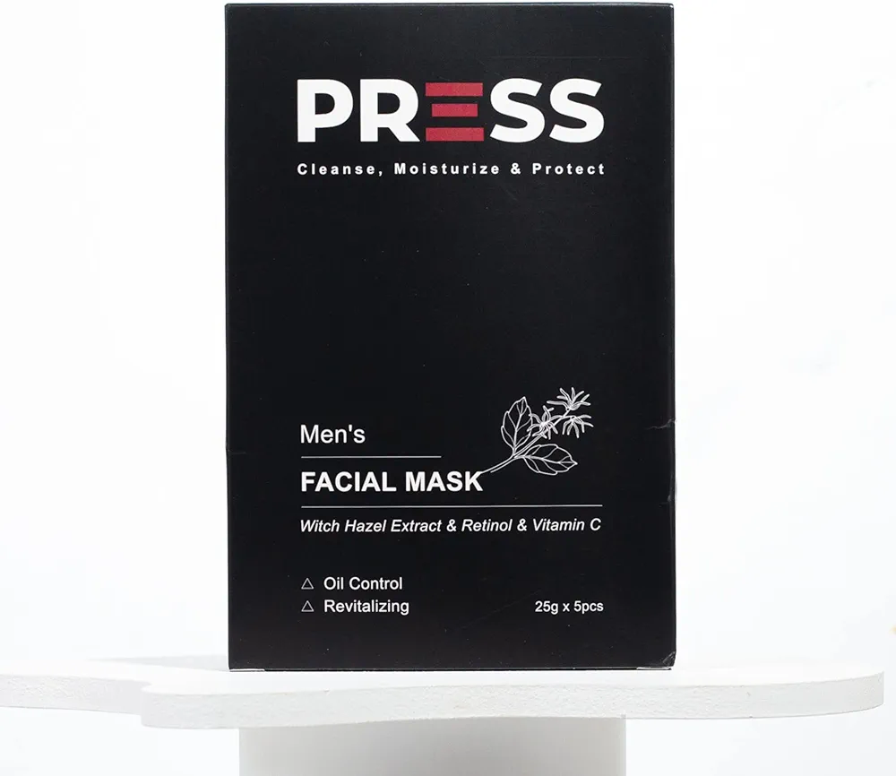 PRESS SKINCARE Facial Masks for Men | Hydrating Face Sheet Masks, Deep Pore Cleanser, Instant Brightening & Anti Aging face mask skin care Contain Vitamin C, Retinol, Hazel Extract | Pack of 5