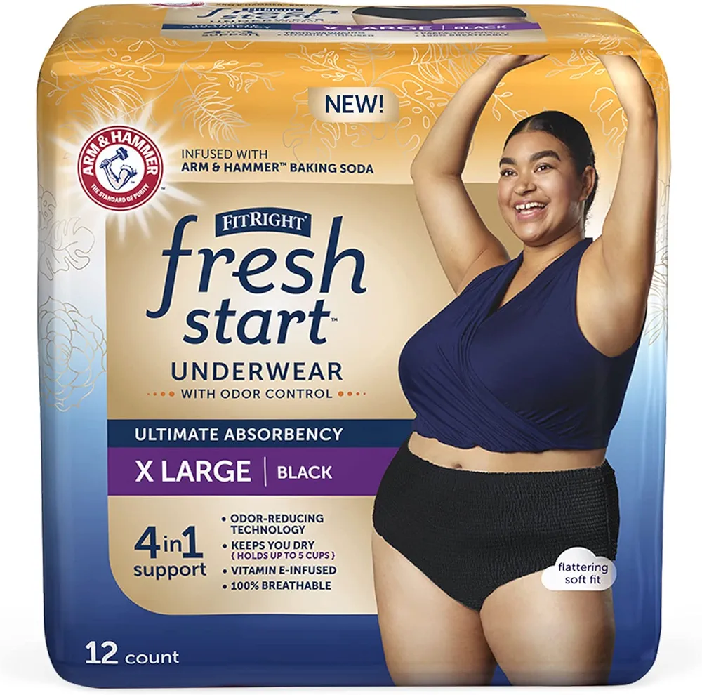 FitRight Fresh Start Incontinence and Postpartum Underwear for Women, XL, Black (12 Count) Ultimate Absorbency, Disposable Underwear with The Odor-Control Power of ARM & HAMMER