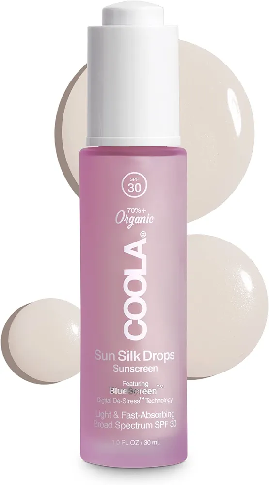 COOLA Organic Sun Silk Drops and Face Moisturizer with SPF 30, Dermatologist Tested Sunscreen with Plant-Derived BlueScreen Digital De-Stress Technology, 1 Fl Oz